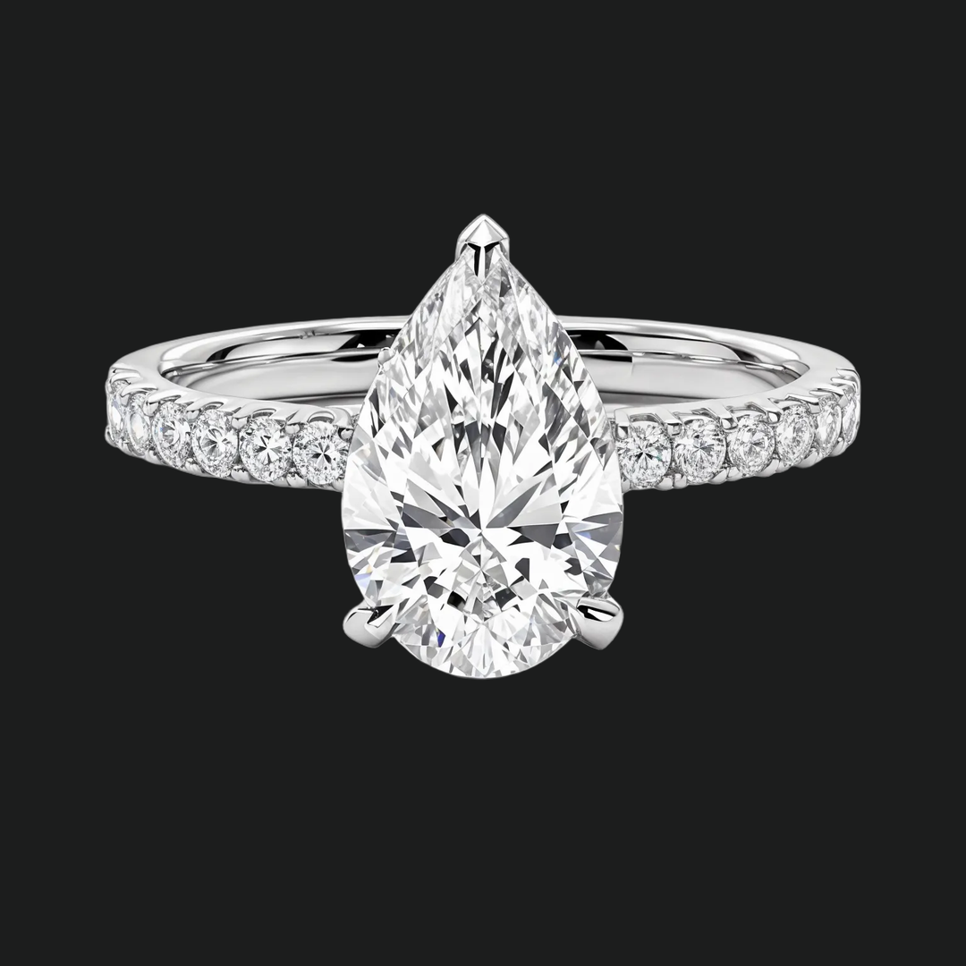 Peer gesneden verborgen halo -verlovingsring met diamantaccenten