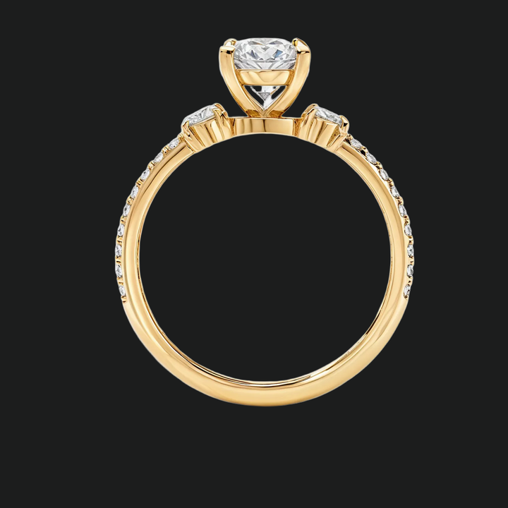 Micropavé drie-stenen ronde diamant accenten verlovingsring