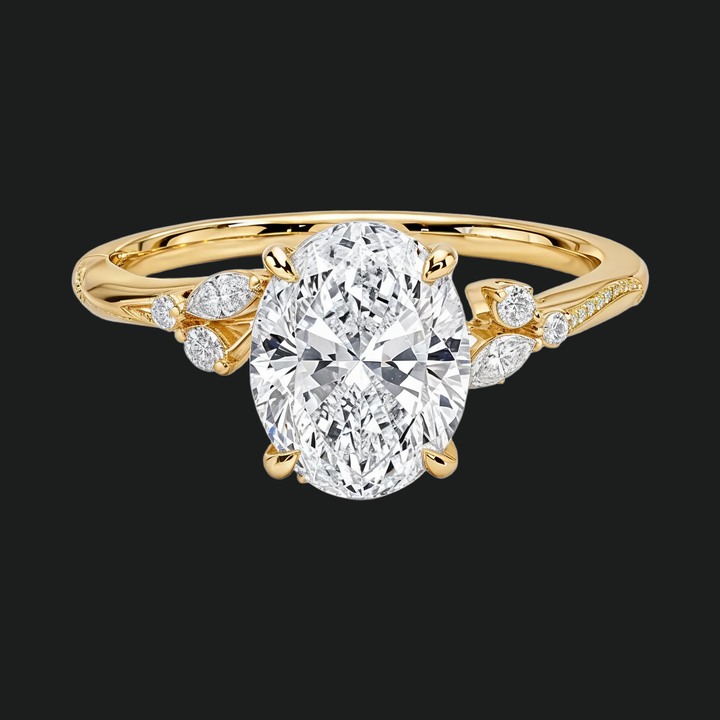 Ovale bloemen verlovingsring met diamantaccenten in 9kt witgoud