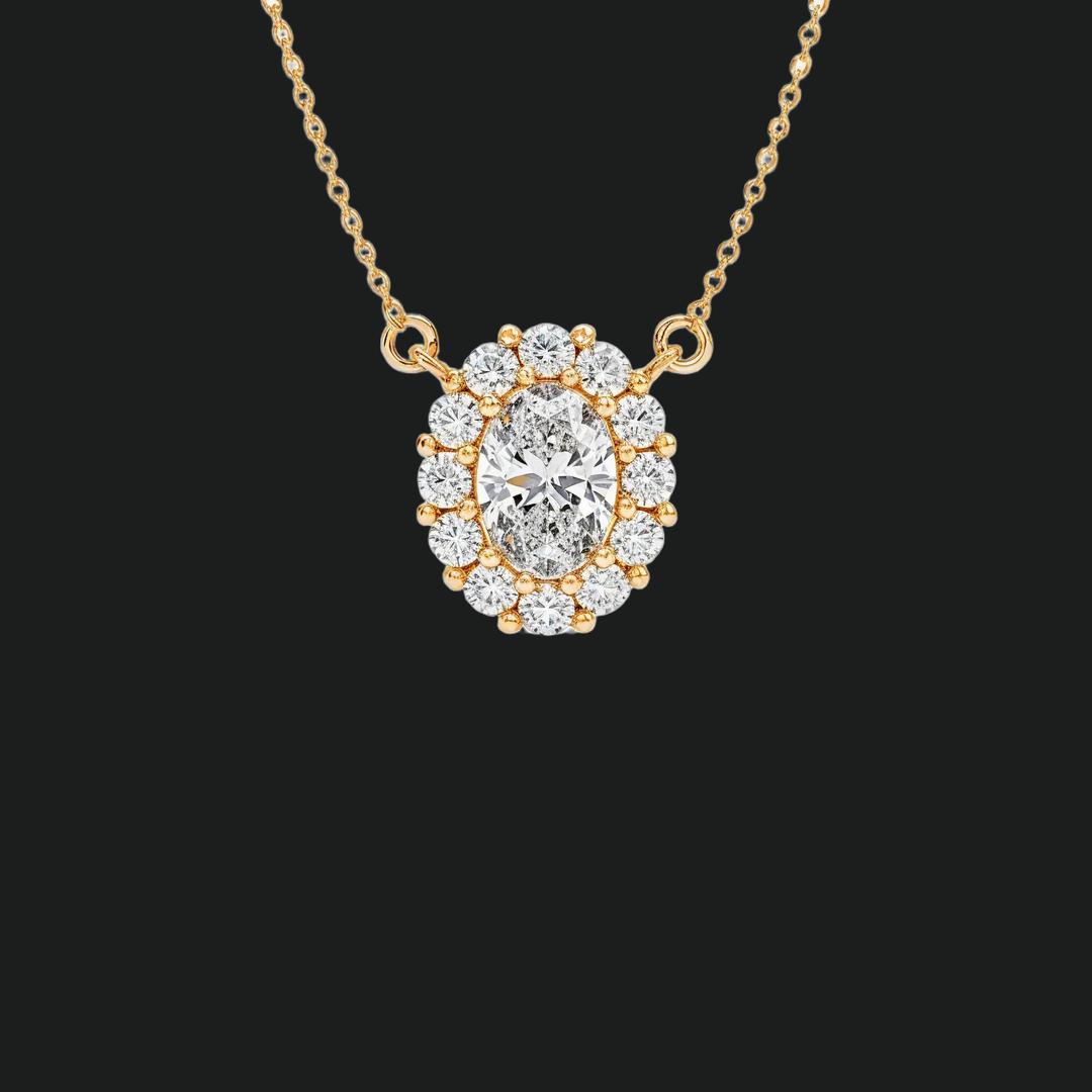 Oval Diamond Halo Pendant Necklace - 9kt White Gold with Lab-Grown Diamond
