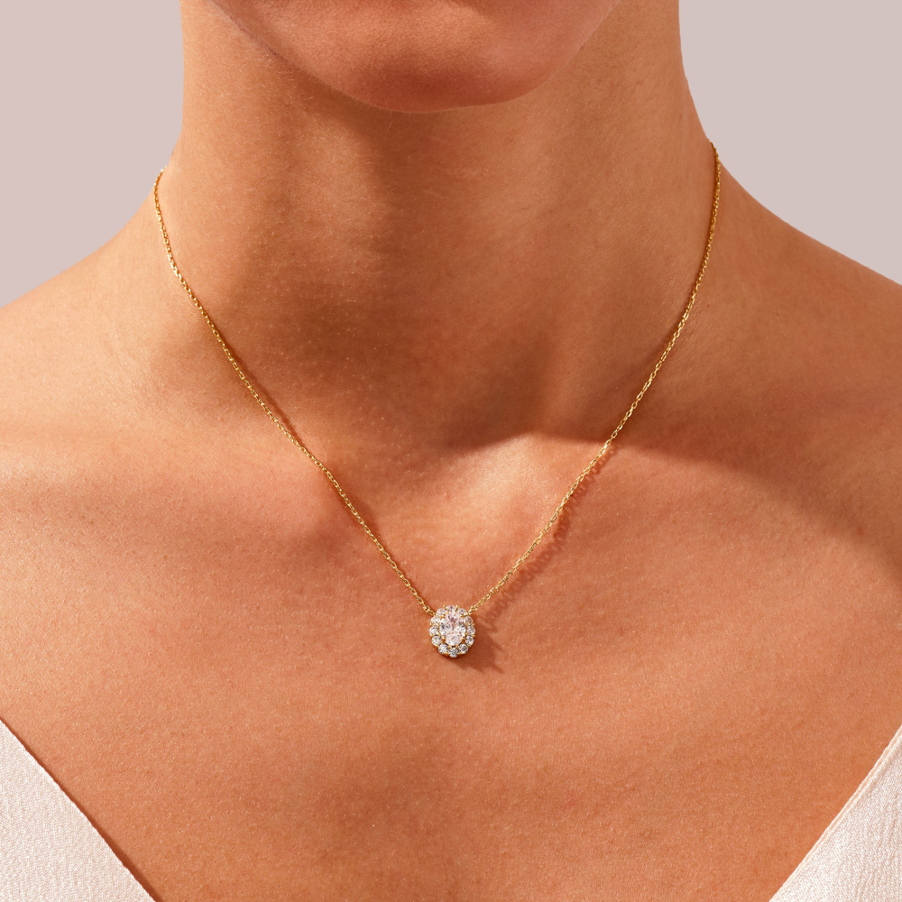 Oval Diamond Halo Pendant Necklace
