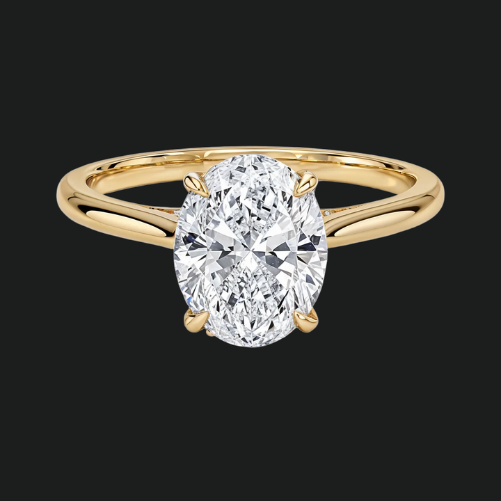 Ovaal gesneden verborgen halo verlovingsring met diamantaccenten in 9kt witgoud