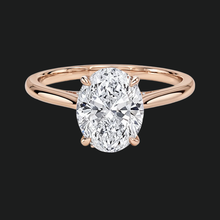 Ovaal gesneden verborgen halo -verlovingsring met diamantaccenten