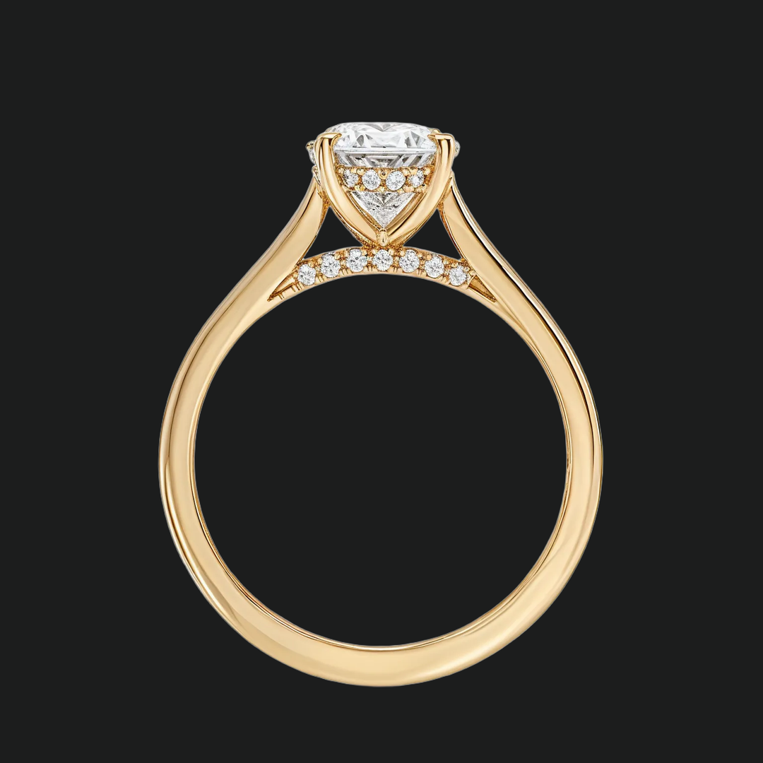 Ovaal gesneden verborgen halo -verlovingsring met diamantaccenten