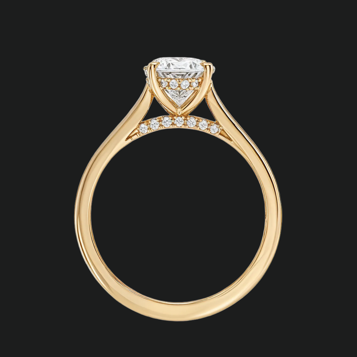 Ovaal gesneden verborgen halo -verlovingsring met diamantaccenten