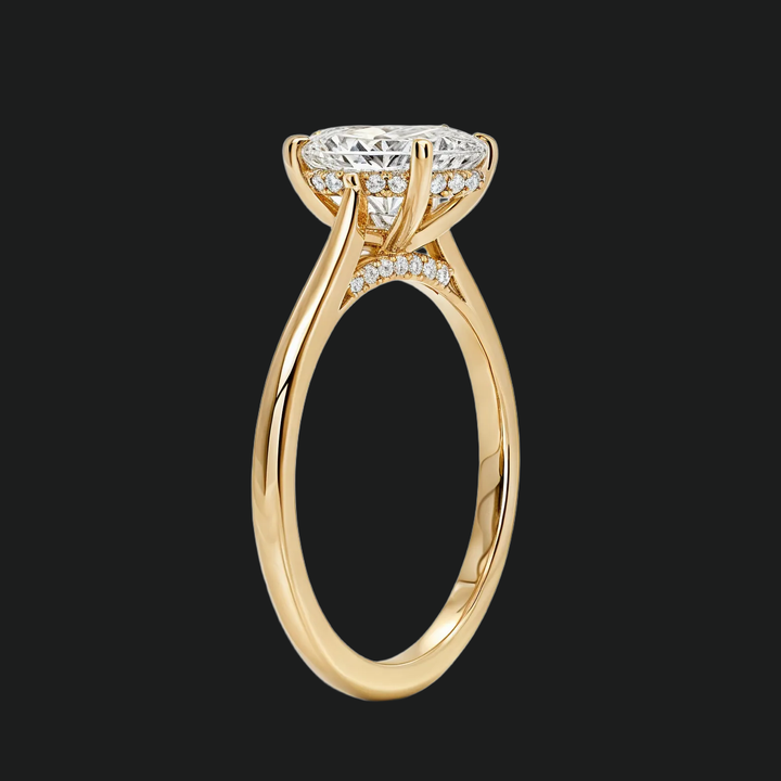 Ovaal gesneden verborgen halo -verlovingsring met diamantaccenten