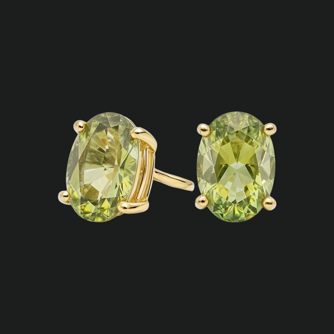 Oval Peridot Solitaire Stud Earrings - 9kt White Gold with Lab-Grown Diamond