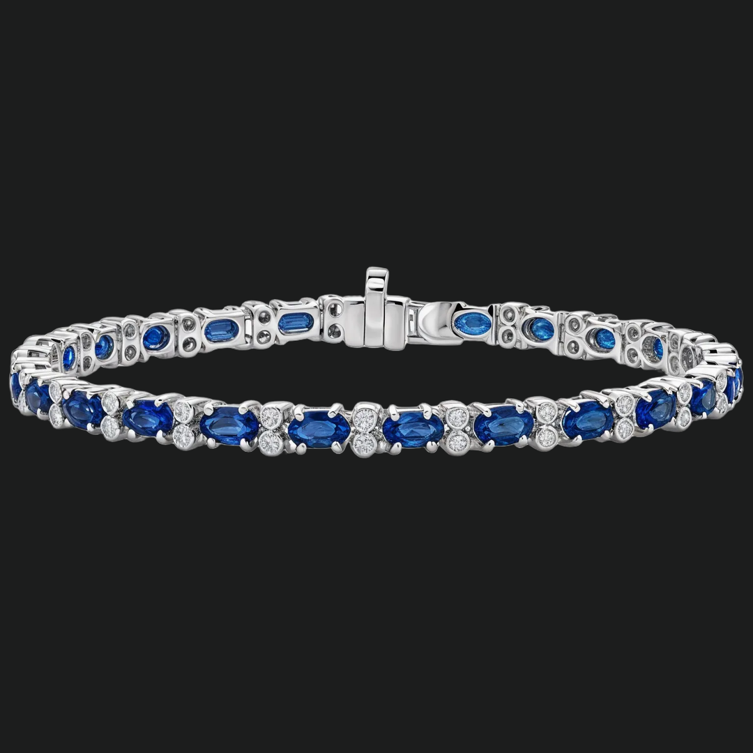 Oval Sapphire and Diamond Accents Tennis Bracelet - 9kt White Gold with Lab-Grown Diamond