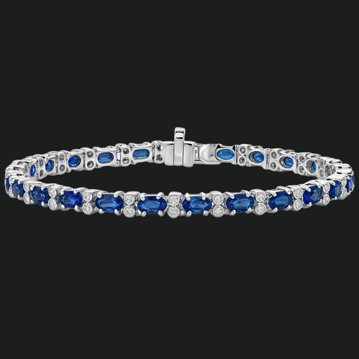Ovaler Saphir- und Diamantakzente Tennisarmband - 9KT Weißgold mit Laborgewachsenen Diamant