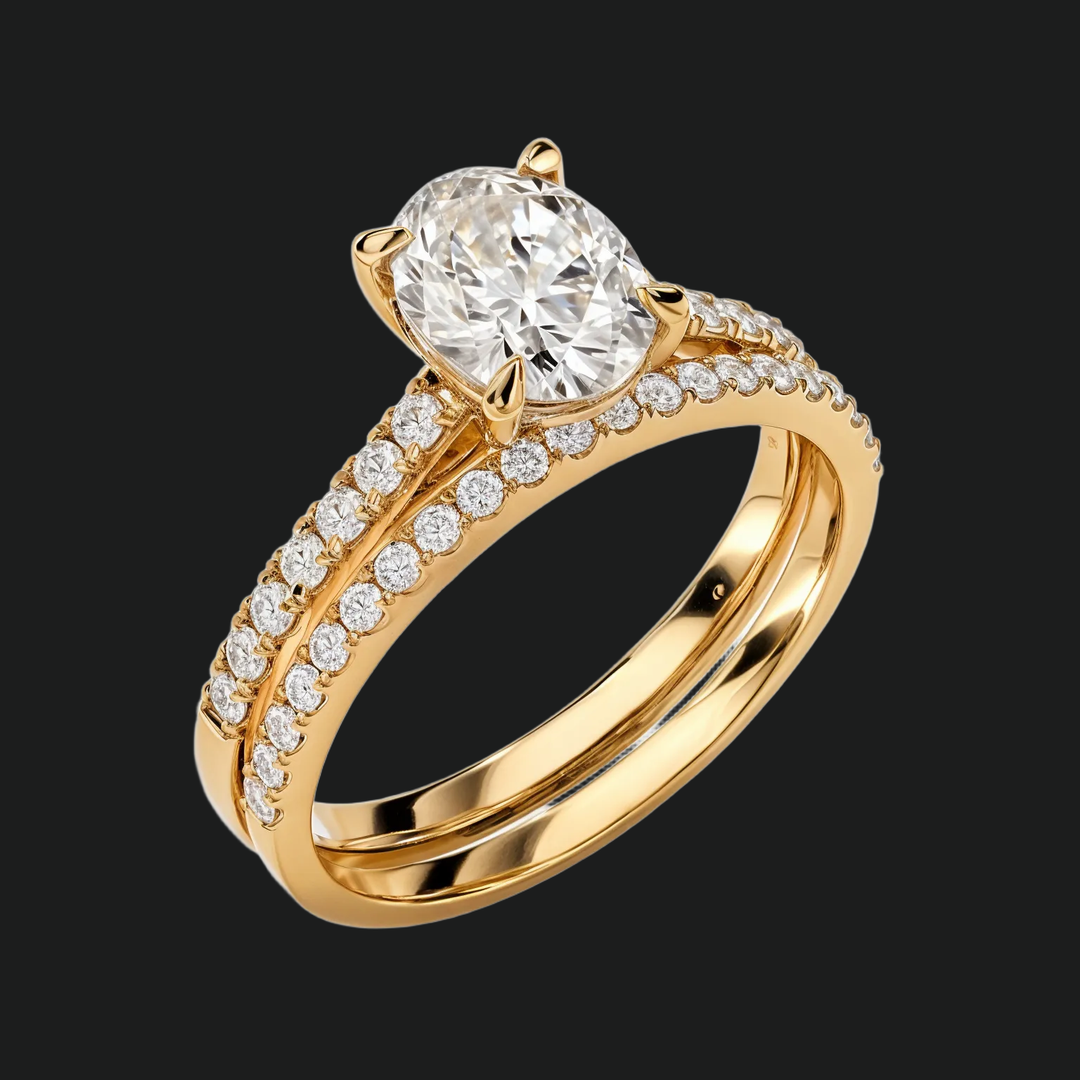Ovaal gesneden diamant accent verlovingsring met pavé bruids set