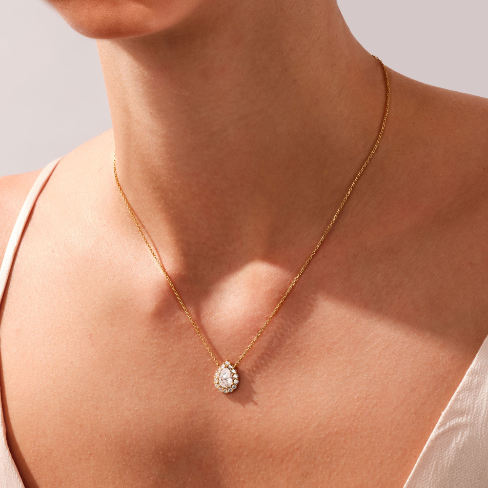 Pear Cut Diamond Halo Pendant Necklace