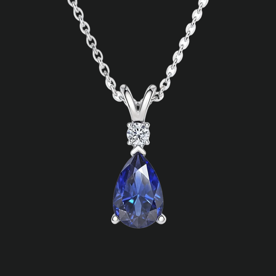 Pear Shaped Emerald or Sapphire Diamond Accent Solitaire Pendant - 9kt White Gold with Lab-Grown Diamond