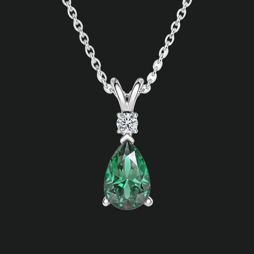 Pear Shaped Emerald or Sapphire Diamond Accent Solitaire Pendant