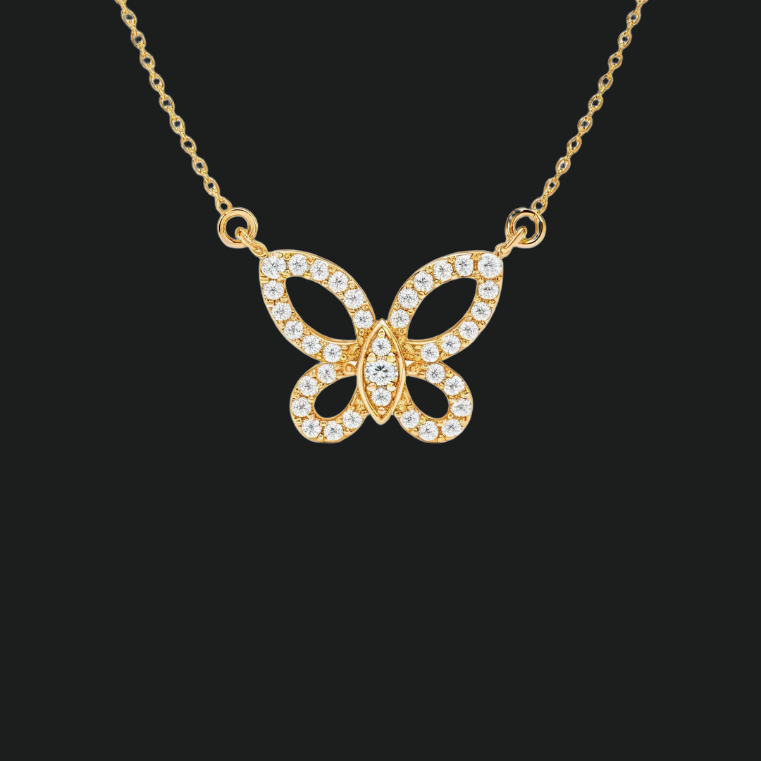 Round Cut Butterfly Diamond Pendant Necklace - 9kt White Gold with Lab-Grown Diamond