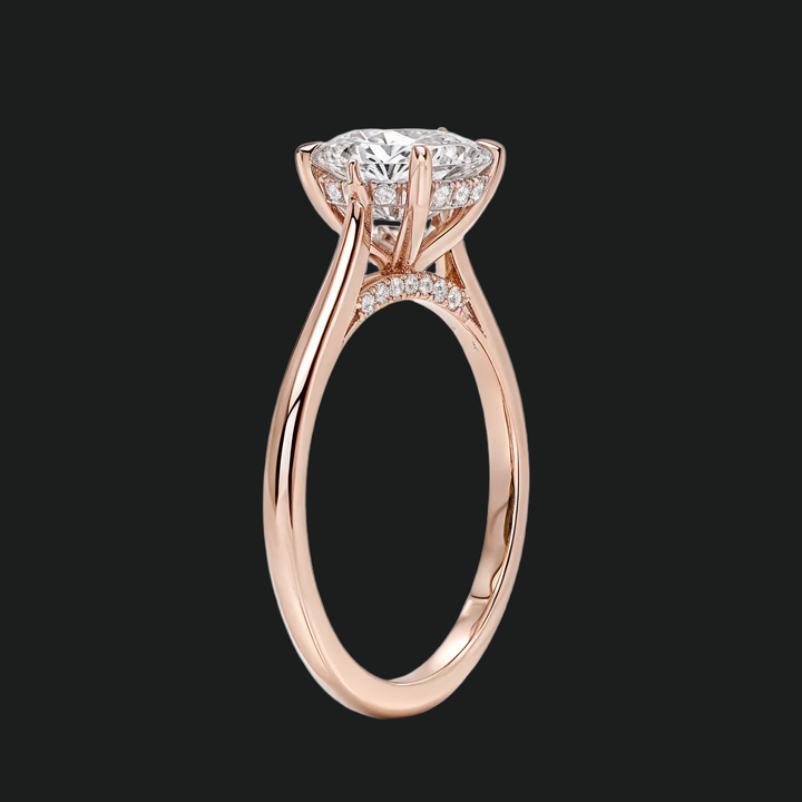 Bague de fiançailles halo cachée à coupe ronde avec accents de diamant