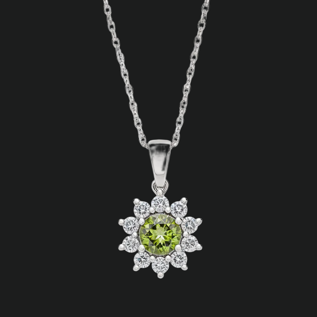Round Peridot and Diamond Halo Pendant Necklace - 9kt White Gold with Lab-Grown Diamond