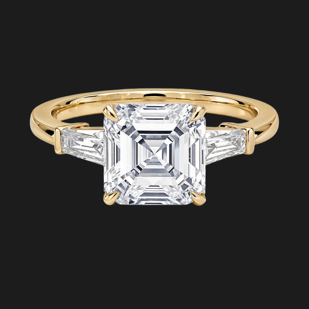 Bague de fiançailles à trois assocher en pierre avec des accents de diamant en or blanc 9kt
