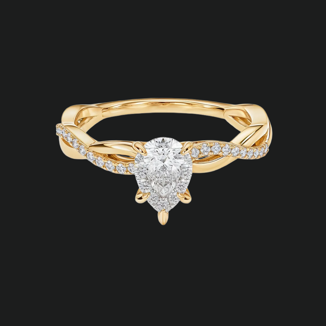Twisted Pear Diamond Engagement Ring met Pavé Band in 9kt witgoud