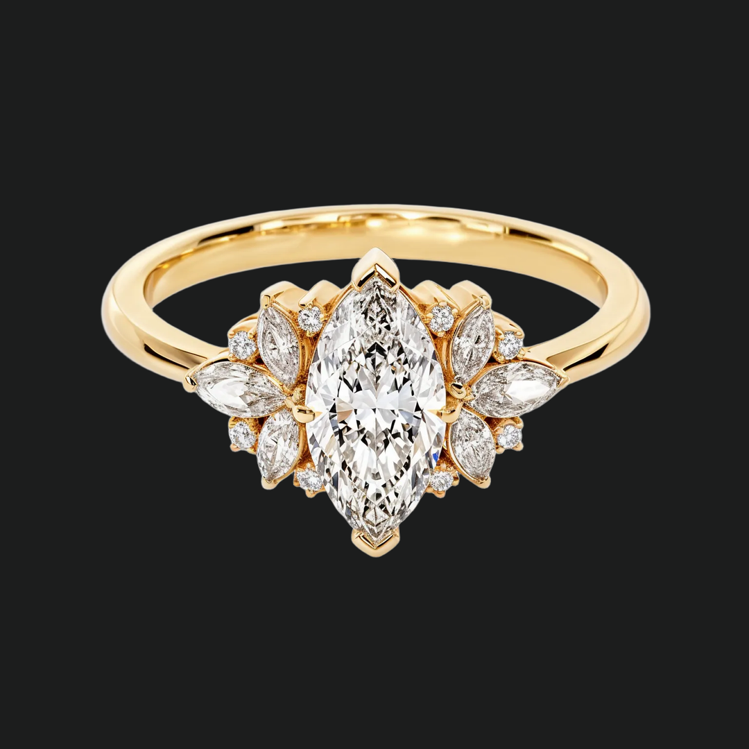 Vintage Marquise Halo -verlovingsring met diamantaccenten in 9kt witgoud