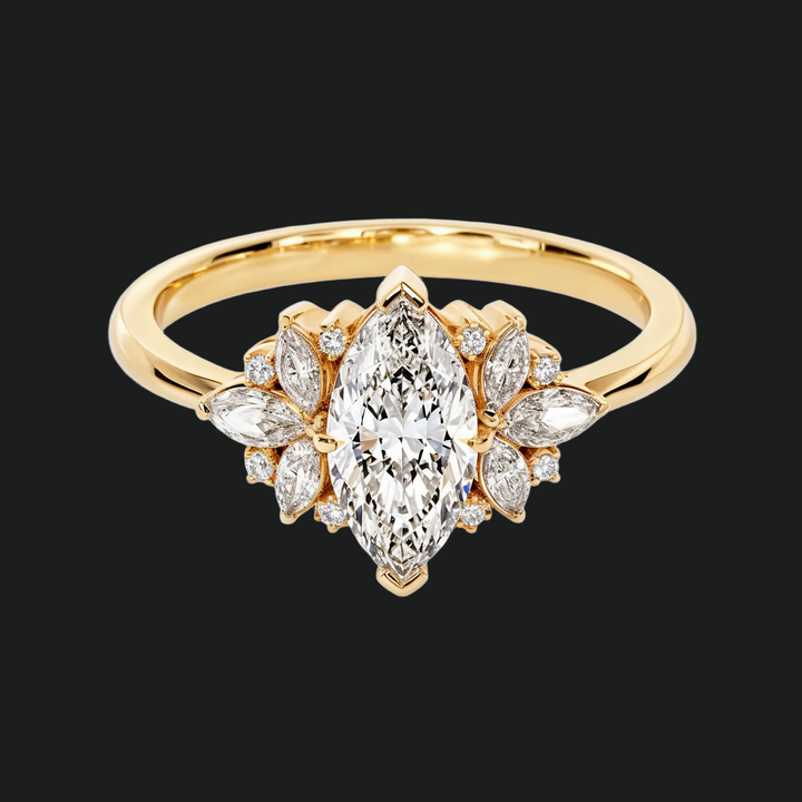 Vintage Marquise Halo Engagement Ring with Diamond Accents in 9kt White Gold