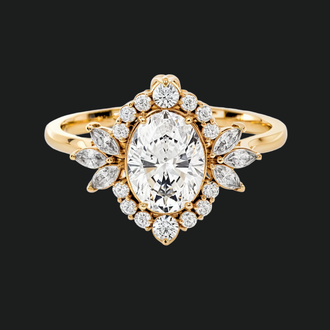 Vintage ovale halo -verlovingsring met diamantaccenten in 9kt witgoud