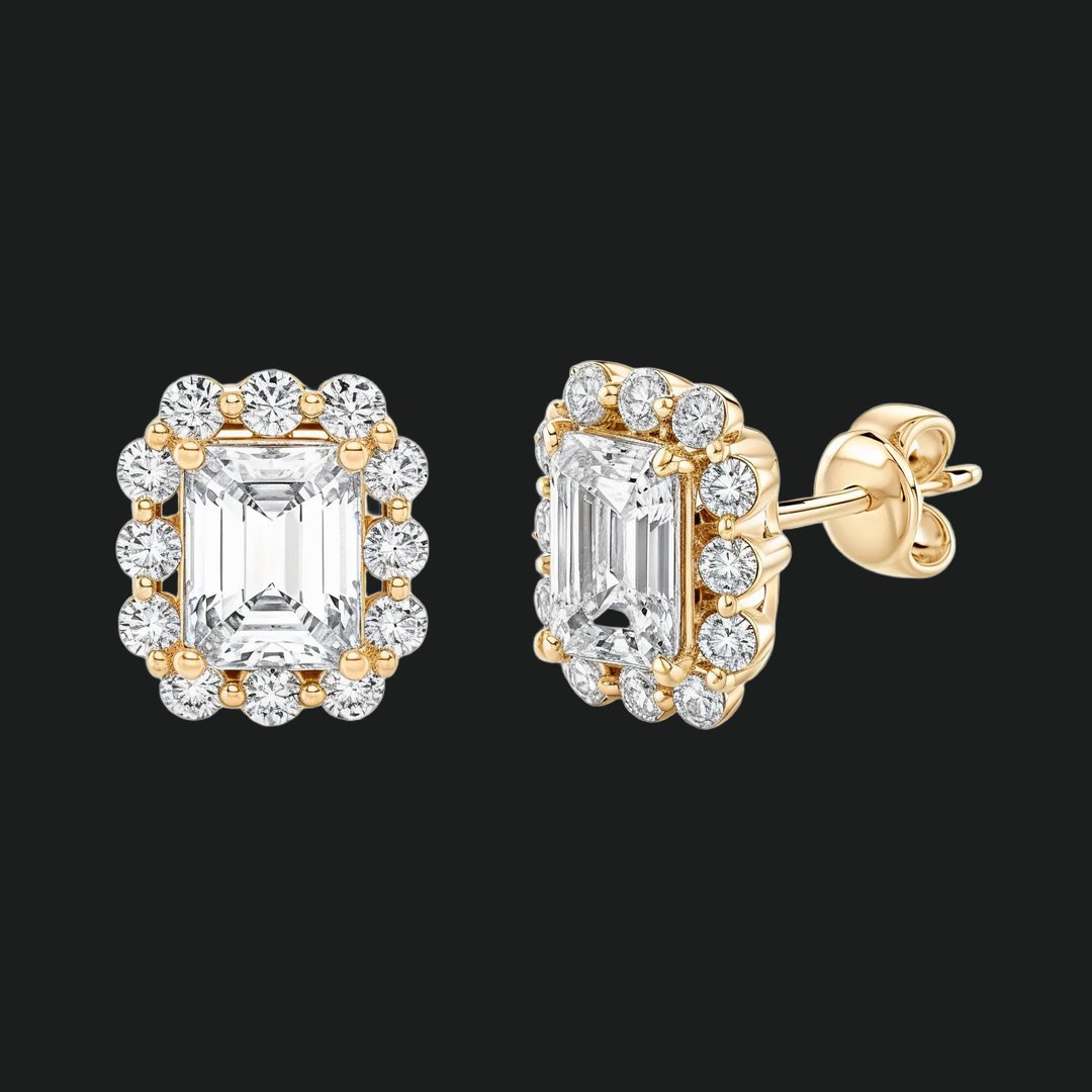 Emerald Cut Diamond Halo Stud Earrings (1) - 9kt White Gold with Lab-Grown Diamond
