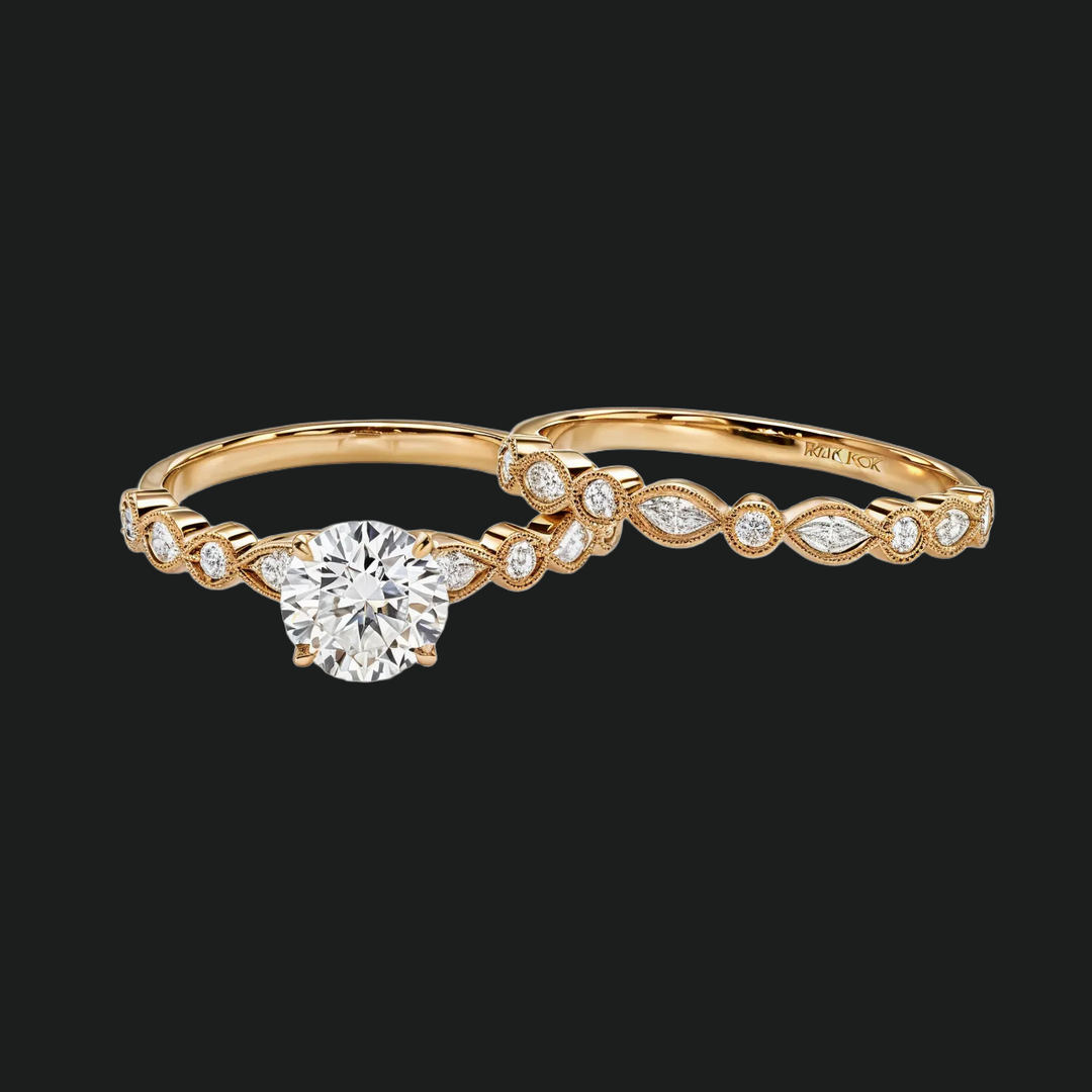 Vintage Milgrain Round Diamond Accenten verlovingsring en trouwring ingesteld in 9kt White Gold