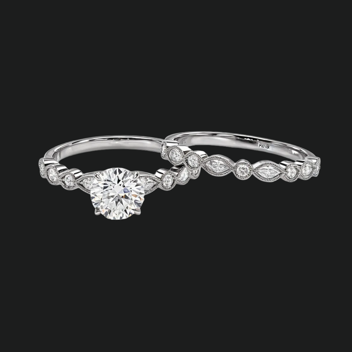 Vintage Milgrain Round Diamond Accents Engagement Ring & Wedding Band Set