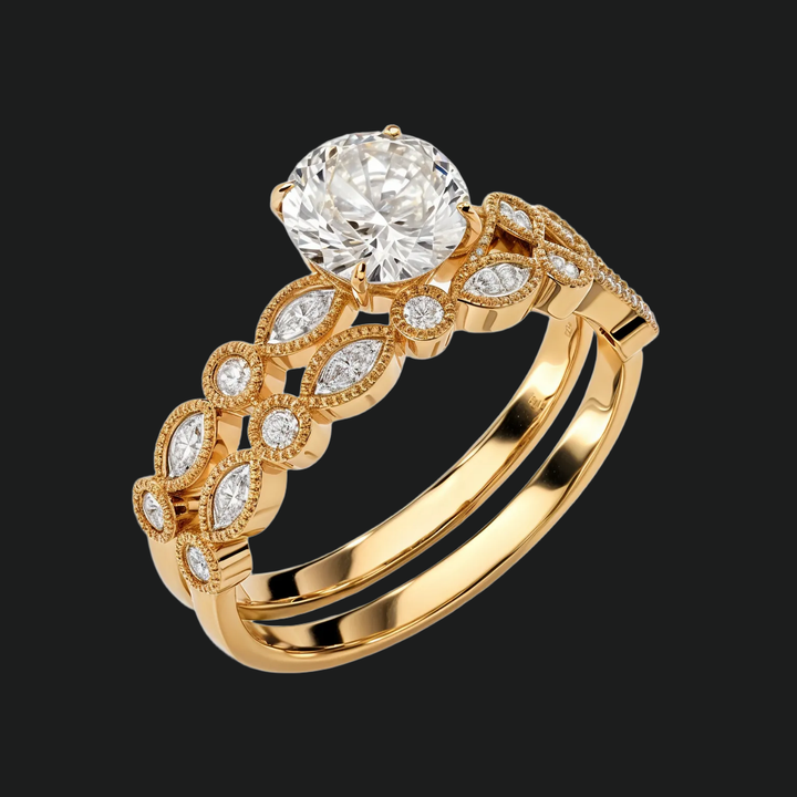 Vintage Milgrain Round Diamond Accents Engagement Ring & Wedding Band Set