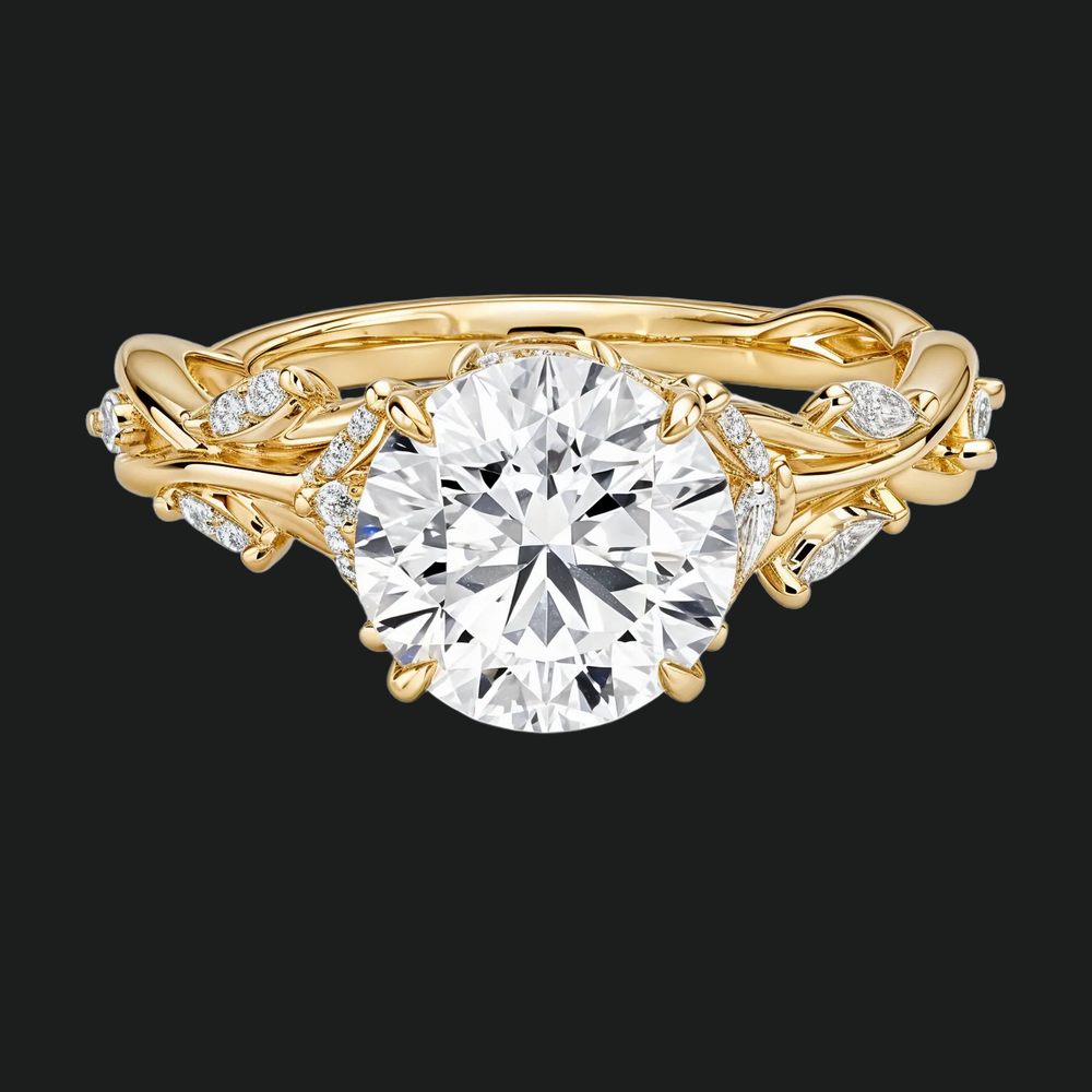 Fluisterende wijnstokken rond diamant accenten verlovingsring in 9kt witgoud