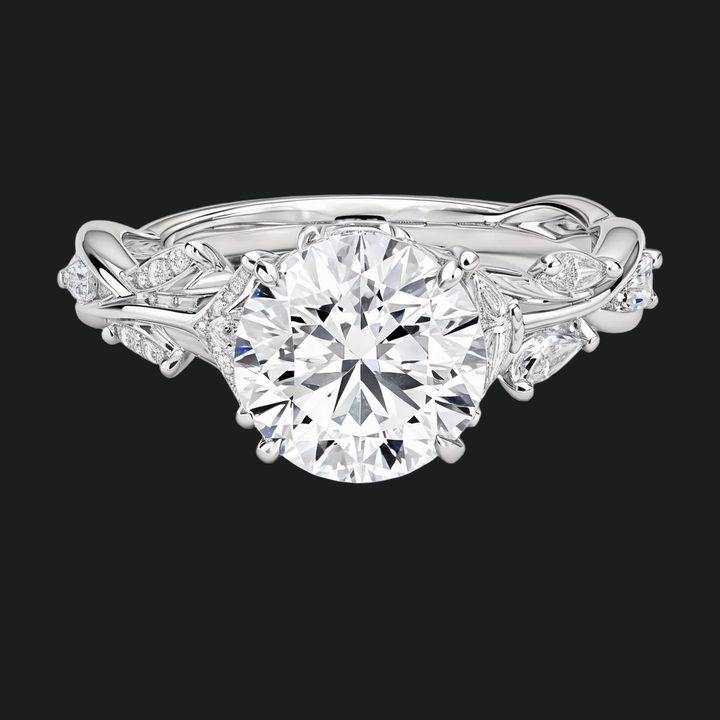 Fluisterende wijnstokken rond diamant accenten verlovingsring
