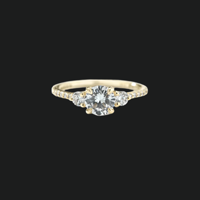 3 Stone Diamond Pave Engagement Ring 18K Yellow Gold