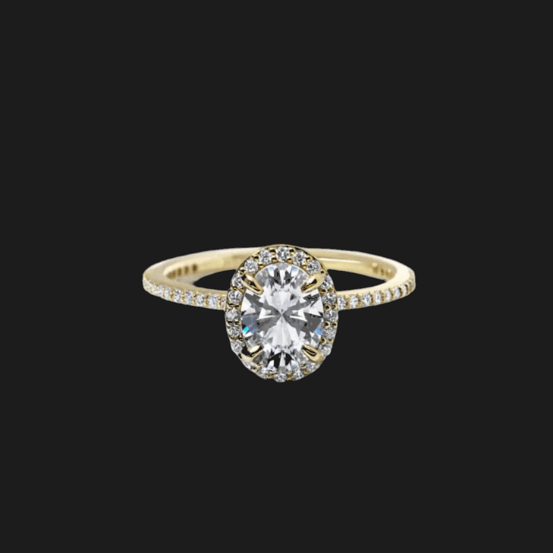 Anello di Fidanzamento con Diamante Ovale e Alone in Oro Giallo 18K