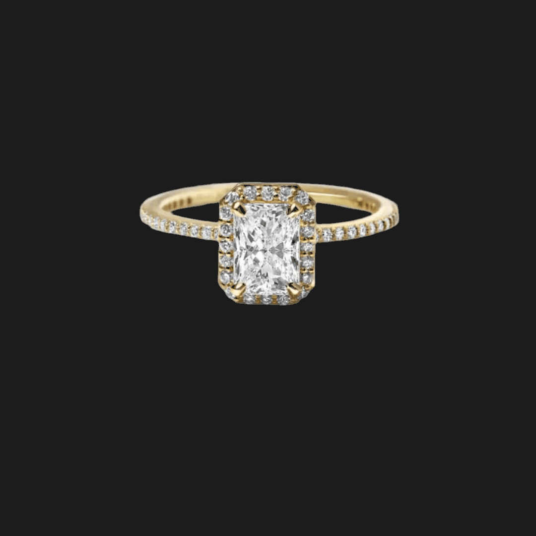 Anello di Fidanzamento con Diamante Radiant Halo in Oro Giallo 18K Radiant