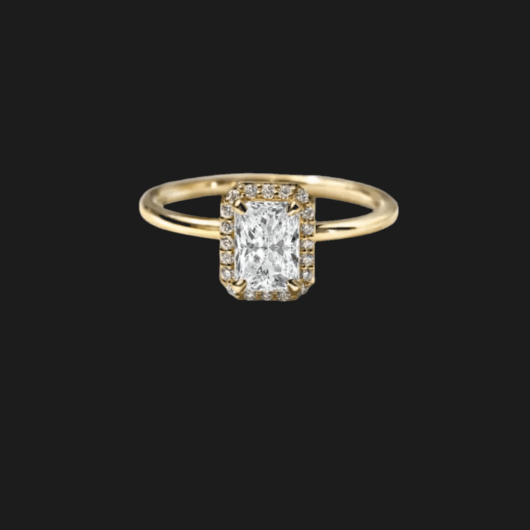 Anello di Fidanzamento con Diamante Radiant Halo in Oro Giallo 18K Radiant